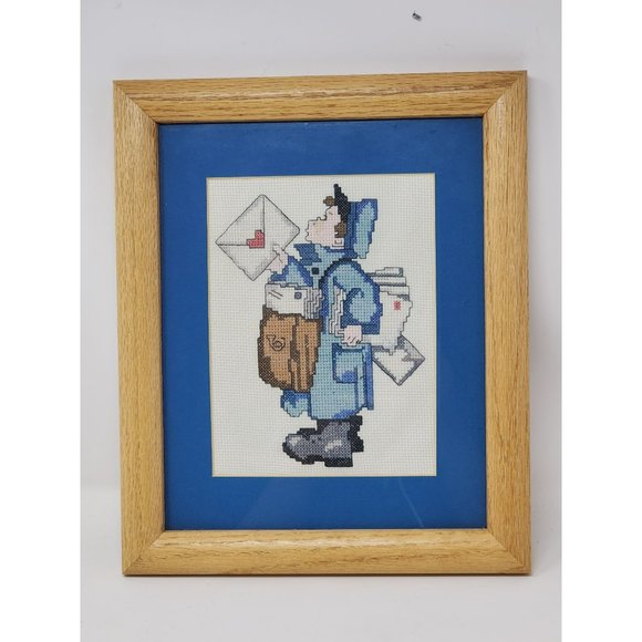 Vintage Needlepoint Postman Mail Carrier Love Letters Framed Cross Stitch - Picture 1 of 7
